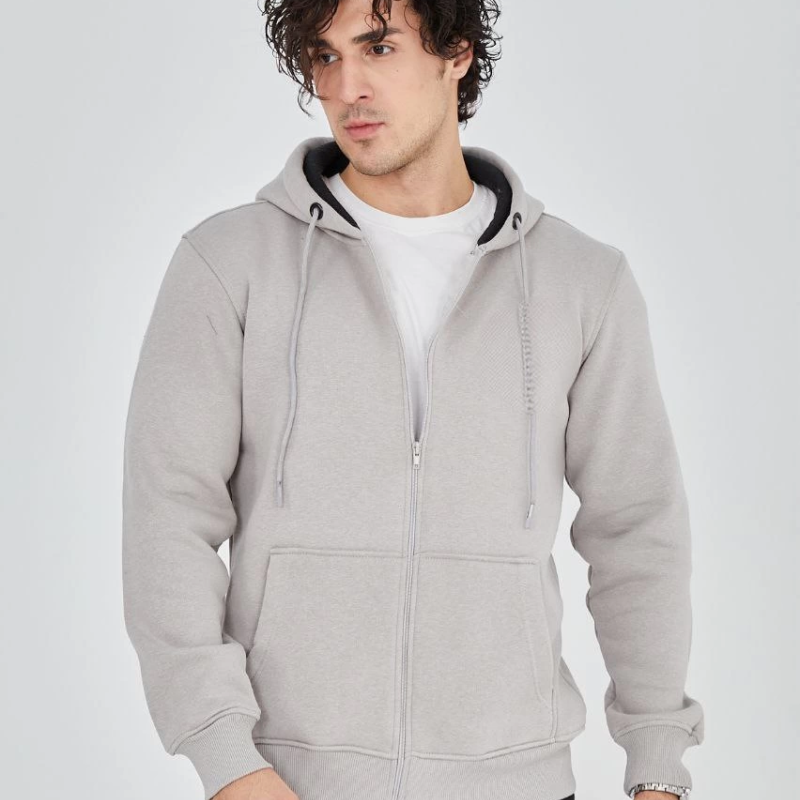 Tam Fermuarlı Kapşonlu  SweatShirt - Boyalı Gri